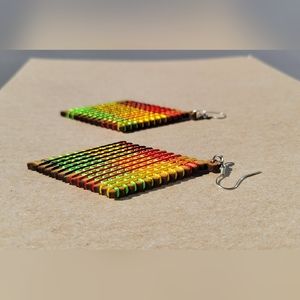 Carved Wood With Multicolor Rainbow Earrings